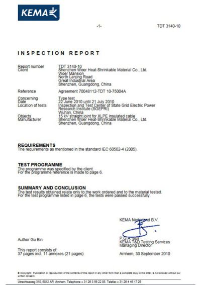 KEMA Inspection Report of 15kV Cold Shrink Joint